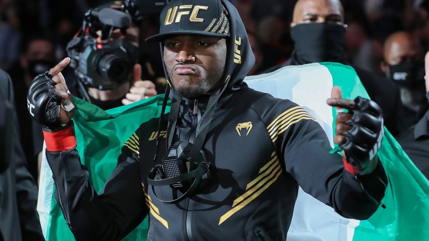 JACKSONVILLE, FL - APRIL 25: Kamaru Usman of Nigeria walk out during introductions to fight Jorge Masvidal of the United States during the Welterweight Title bout of UFC 261 at VyStar Veterans Memorial Arena on April 25, 2021 in Jacksonville, Florida. (Photo by Alex Menendez/Getty Images)