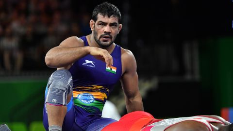 Sushil Kumar wins in the men's freestyle 74 kg wrestling match at the 2018 Gold Coast Commonwealth Games in Australia on April 12, 2018. 