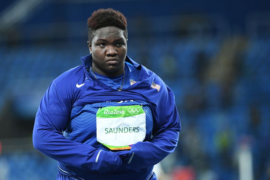 Saunders placed fifth in the shot put at the 2016 Rio Olympics. 
