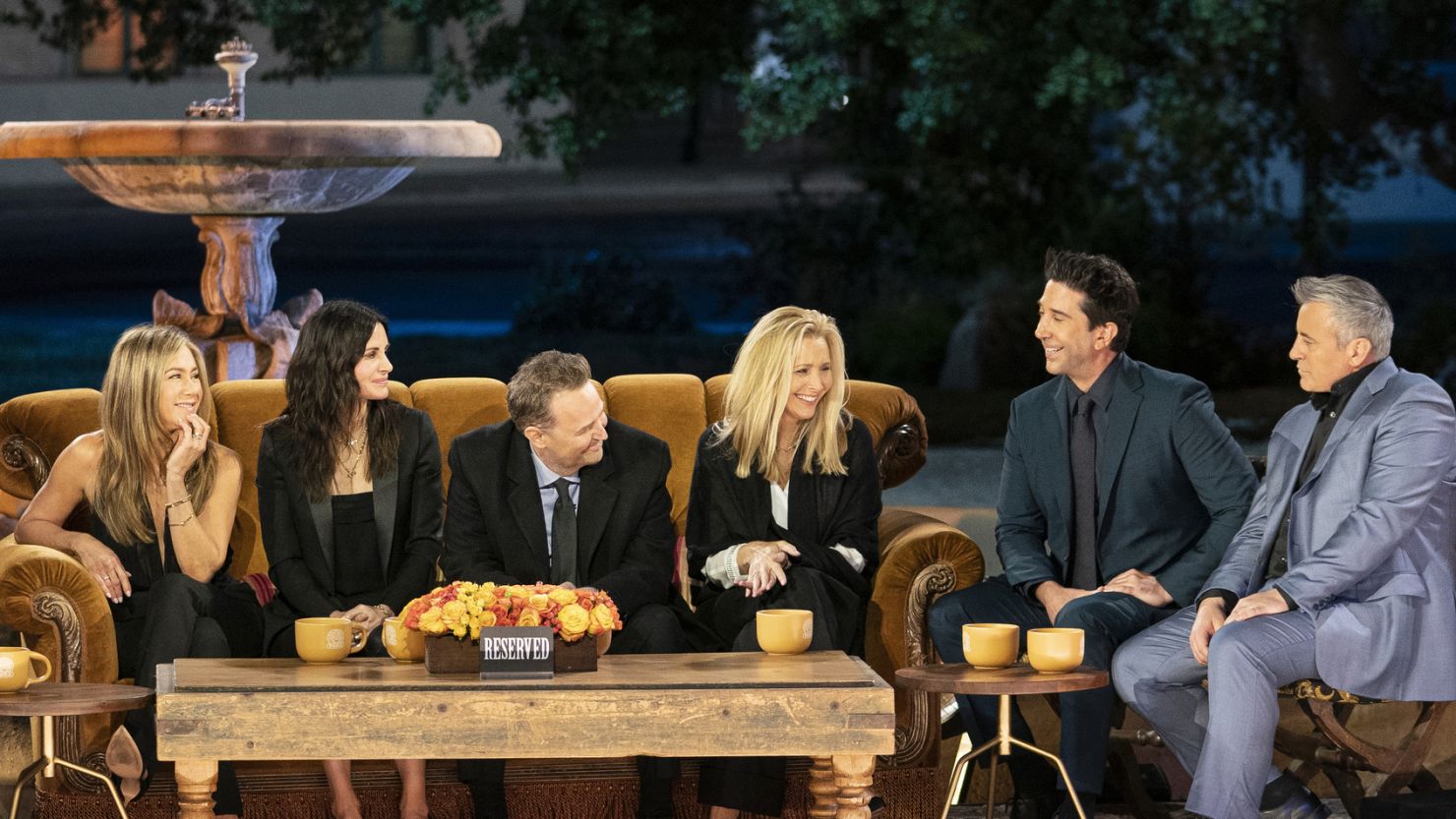 The cast assembles in a familiar spot for "Friends: The Reunion" (from left): Jennifer Aniston, Courteney Cox, Matthew Perry, Lisa Kudrow, David Schwimmer and Matt LeBlanc. 