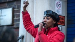 Black Lives Matter activist Sasha Johnson speaks outside of Tottenham Police Station in protest at the targeting of a black youth by officers and misuse of stop and search powers on December 19, 2020 in London, England. Anti-racist campaigners challenge institutional racism under the Black Lives Matter (BLM) banner.
