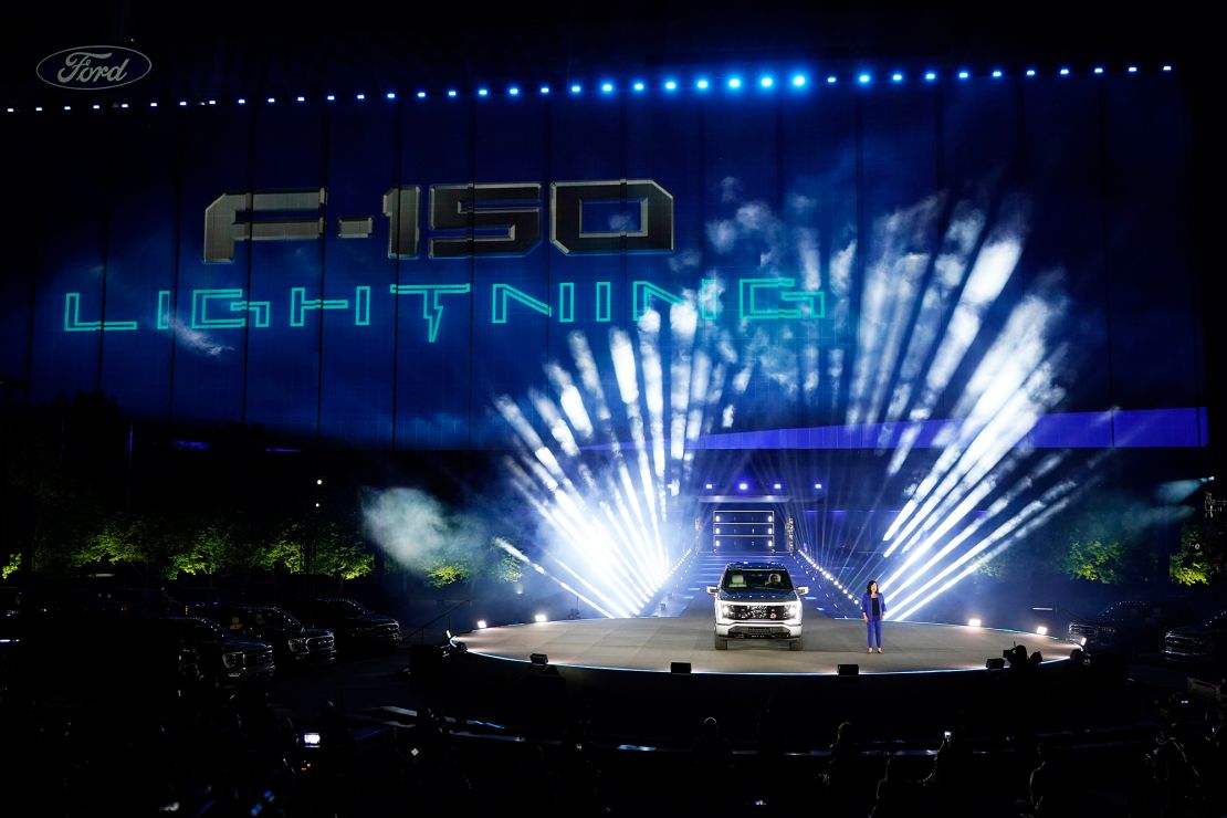 Ford's Chief Executive Engineer Linda Zhang unveils the Ford F-150 Lightning in Dearborn, Michigan. On the outside, the electric version of Ford's F-150 pickup looks about the same as the wildly popular gas-powered truck. 