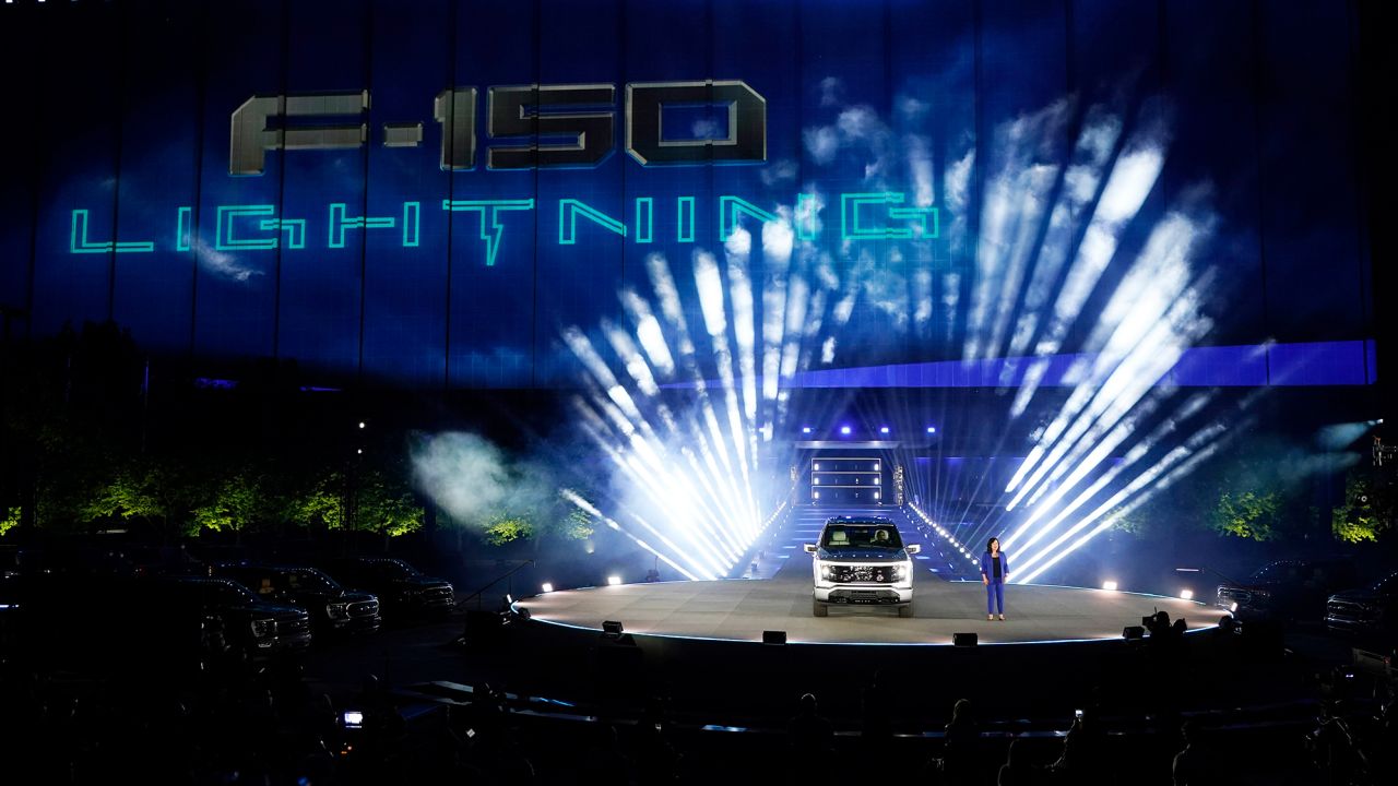 Ford's Chief Executive Engineer Linda Zhang unveils the Ford F-150 Lightning in Dearborn, Michigan. On the outside, the electric version of Ford's F-150 pickup looks about the same as the wildly popular gas-powered truck.