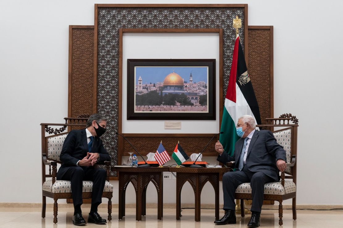 Secretary of State Antony Blinken speaks with Palestinian President Mahmoud Abbas, Tuesday, May 25, 2021, in West Bank city of Ramallah. 