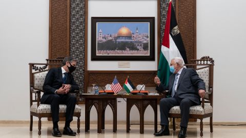 Secretary of State Antony Blinken speaks with Palestinian President Mahmoud Abbas, Tuesday, May 25, 2021, in West Bank city of Ramallah. 