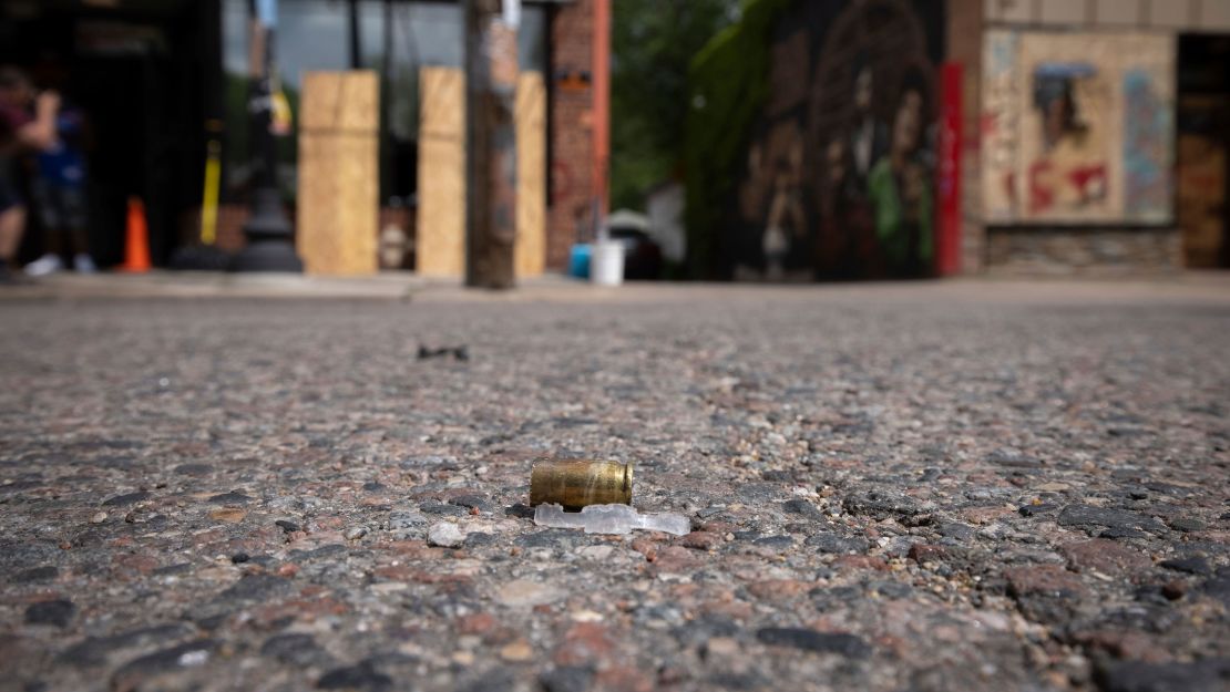 A bullet casing on the ground after shots were fired in George Floyd Square on Tuesday.