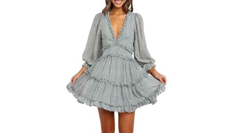 Dokotoo Womens Spring Summer Deep V Neck Ruffle Long Sleeve Floral Print Mini Dress