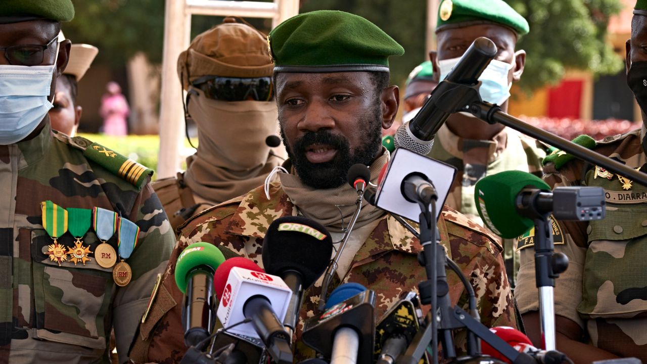 Colonel Assimi Goita speaks at a ceremony marking the 60th anniversary of Mali's independence in Bamako on September 22, 2020.