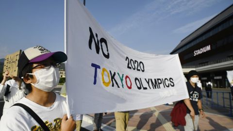 Demonstrators stage a protest against the Tokyo Olympics in the Japanese city of Kameoka on May 25.