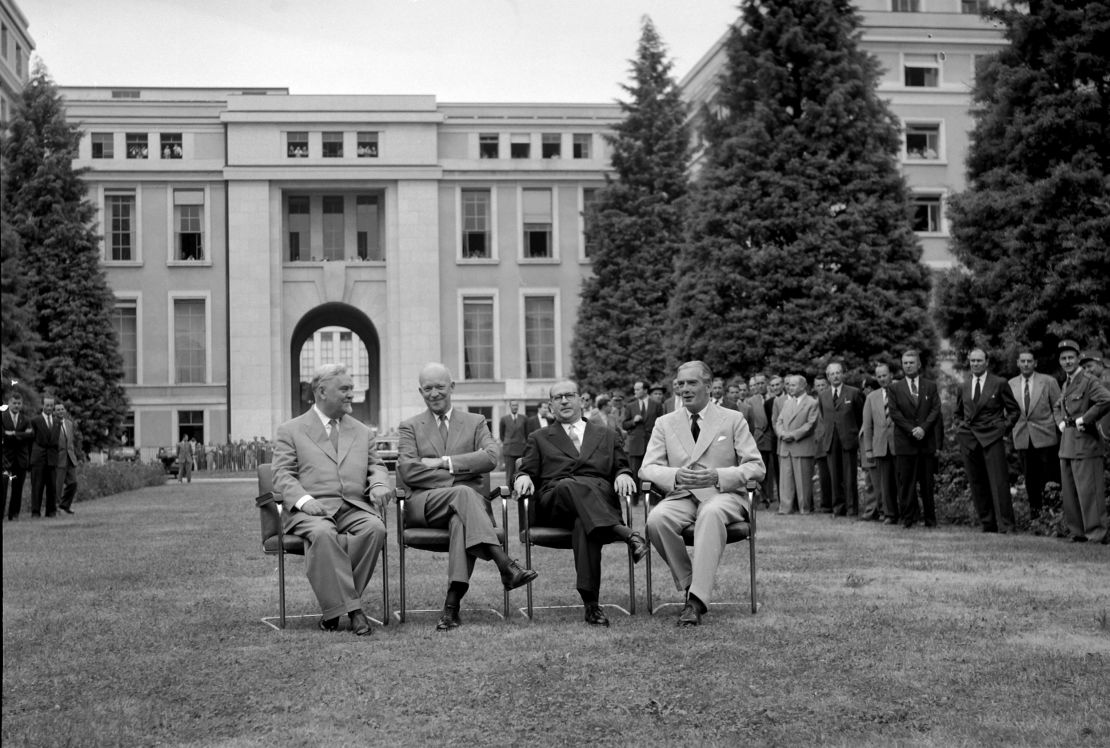 Soviet Premier Nikolai Bulganin, US President Dwight Eisenhower, French Foreign Minister Edgar Faure, and UK Prime Minister Anthony Eden at the historic Geneva Summit in 1955. 