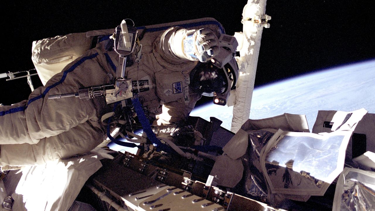 Fincke is seen during one of his spacewalks in 2004.