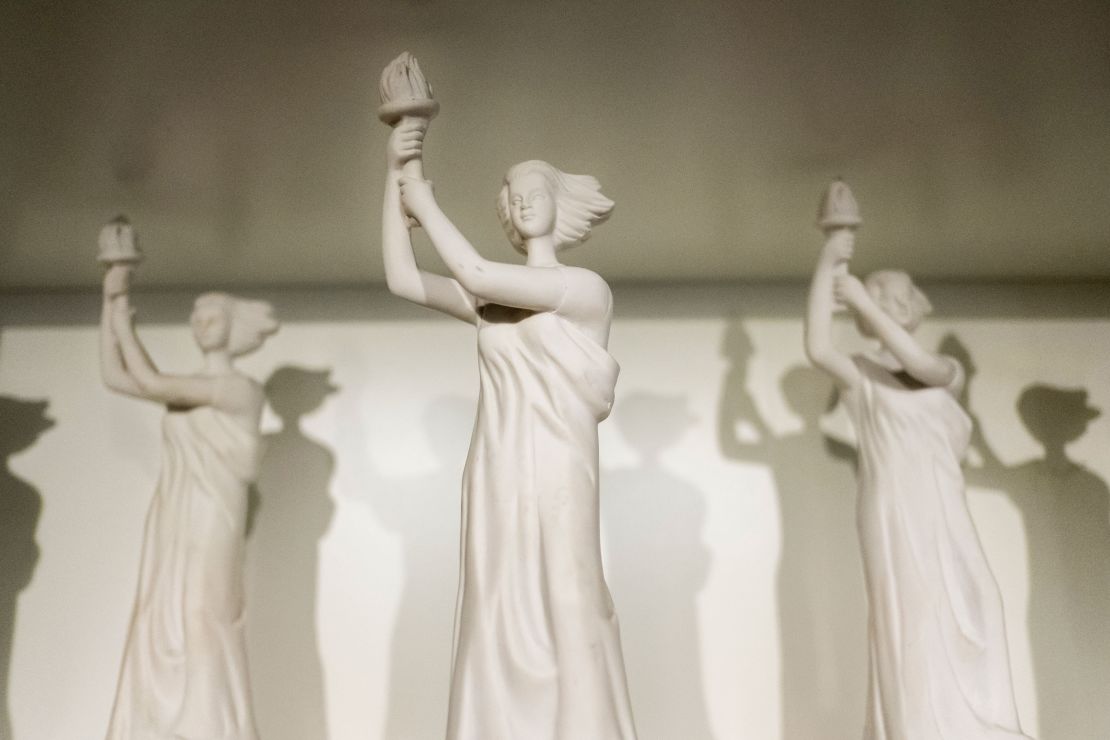 Figurines of the Goddess of Democracy, a statue made and later destroyed during the Tiananmen Square protests, are for sale at the June 4 Museum.