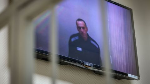 Jailed Kremlin critic Alexey Navalny appears on screen via a video link from prison during a court hearing in the town of Petushki some 75 miles outside Moscow in May.