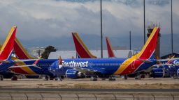 Southwest Airlines jets are parked in growing numbers at Southern California Logistics Airport (SCLA) on March 24, 2020 in Victorville, California.