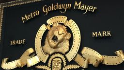 Close up of the large metal MGM logo that hangs above the front desk at the MGM Studios headquarters on Beverly Drive in Beverly Hills in Los Angeles on March 1st, 2019.