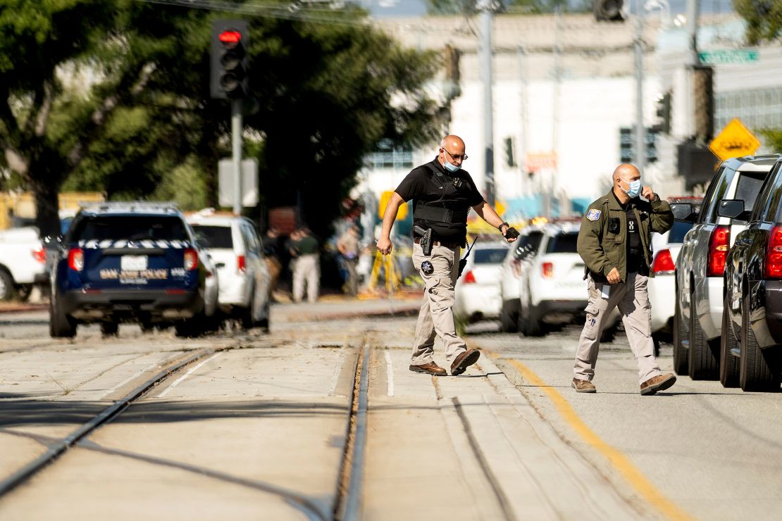 Law enforcement officers respond to the scene of a shooting at a Santa Clara Valley Transportation Authority (VTA) facility on Wednesday, May 26, 2021, in San Jose, California.