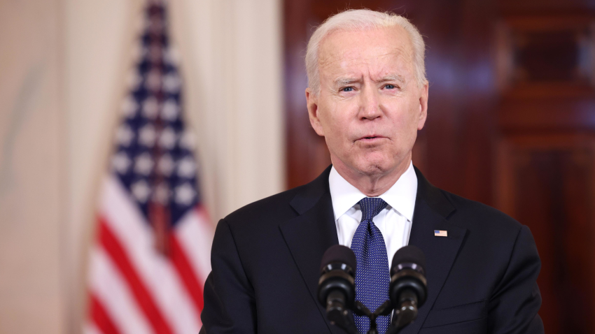 WASHINGTON, DC - MAY 20: U.S. President Joe Biden delivers remarks on the conflict in the Middle East from Cross- Hall of the White House on May 20, 2021 in Washington, DC. Israel and Hamas announced that they would agree to a cease-fire, which will take into effect on Friday, following days of fighting that claimed more than 200 lives. (Photo by Anna Moneymaker/Getty Images)