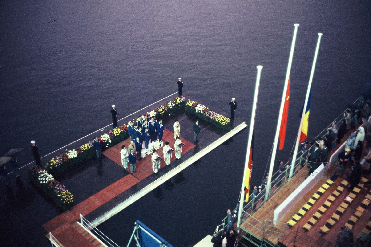 A medal ceremony is held after a kayaking event in Sagamihara, Japan.