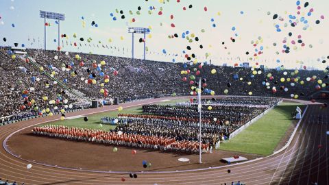 Balloons float over the National Stadium during the opening ceremony.