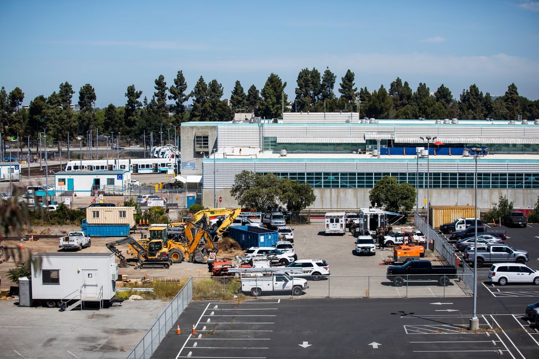 A view of the Valley Transportation Authority (VTA) light rail yard where a mass shooting occurred Wednesday in San Jose, California.