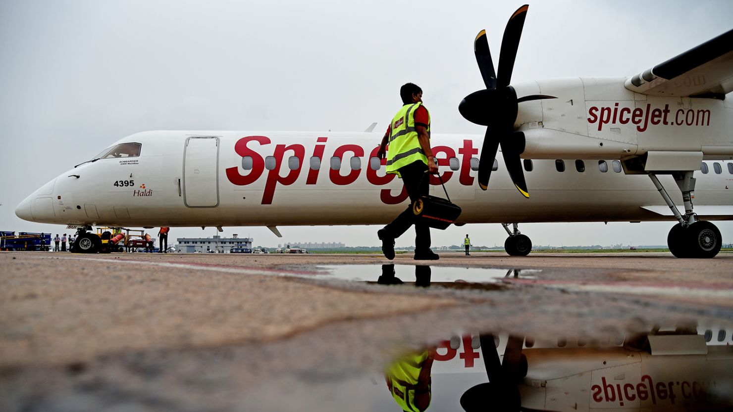 A SpiceJet plane at Indira Gandhi International Airport in Delhi, India, in August 2018.