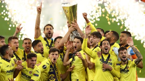 Villarreal players celebrate winning the Europa League in Gdansk, Poland.