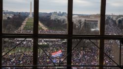 A crowd of Trump supporters gather outside as seen from inside the U.S. Capitol on January 6, 2021 in Washington, DC. Congress will hold a joint session today to ratify President-elect Joe Biden's 306-232 Electoral College win over President Donald Trump.