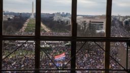 WASHINGTON, DC - JANUARY 06: A crowd of Trump supporters gather outside as seen from inside the U.S. Capitol on January 6, 2021 in Washington, DC. Congress will hold a joint session today to ratify President-elect Joe Biden's 306-232 Electoral College win over President Donald Trump. The joint session was disrupted as the Trump supporters breached the Capitol building. (Photo by Cheriss May/Getty Images)