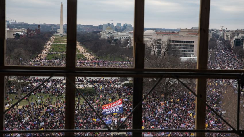 A crowd of Trump supporters gather outside as seen from inside the U.S. Capitol on January 6, 2021 in Washington, DC. Congress will hold a joint session today to ratify President-elect Joe Biden's 306-232 Electoral College win over President Donald Trump.