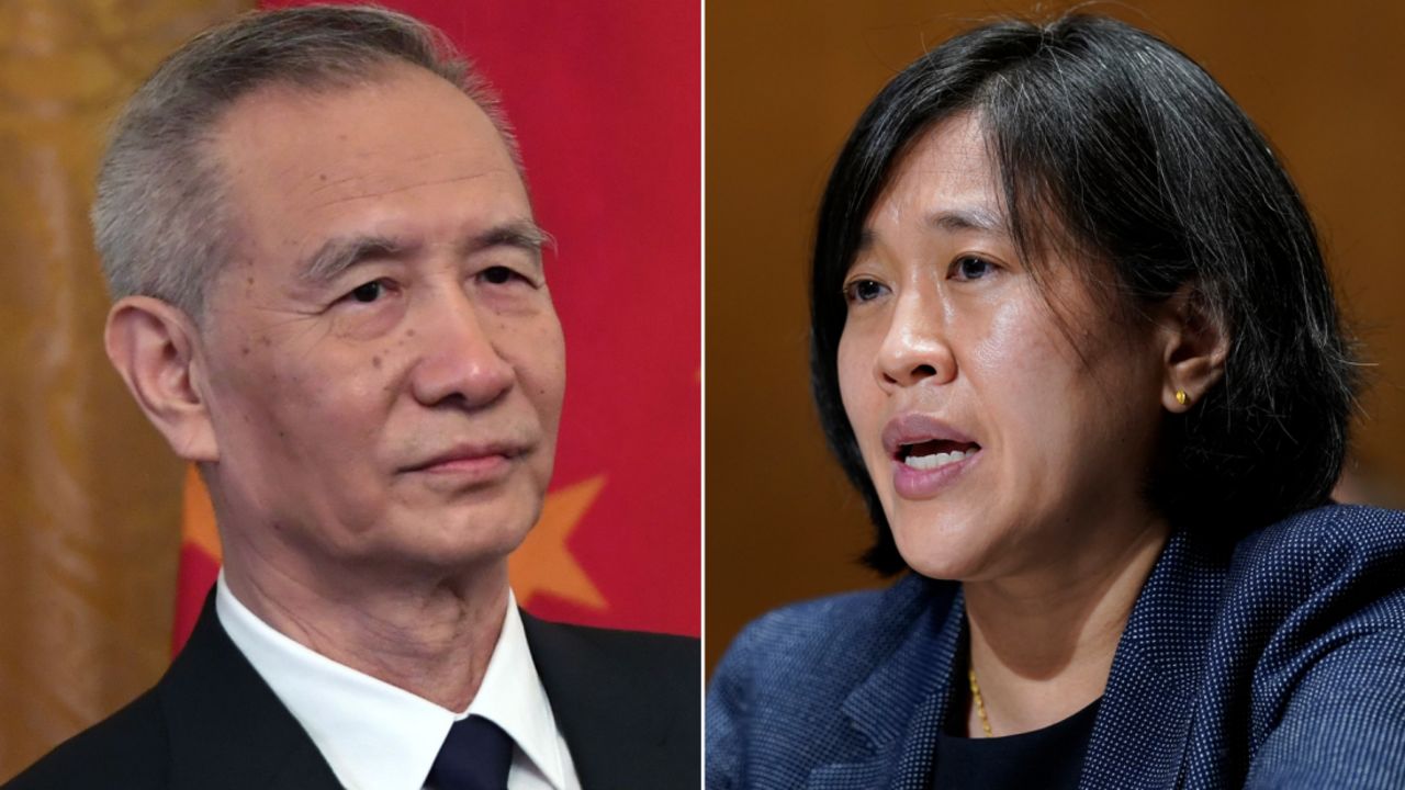 Chinese Vice Premier Liu He and US Trade Representative Katherine Tai (right).