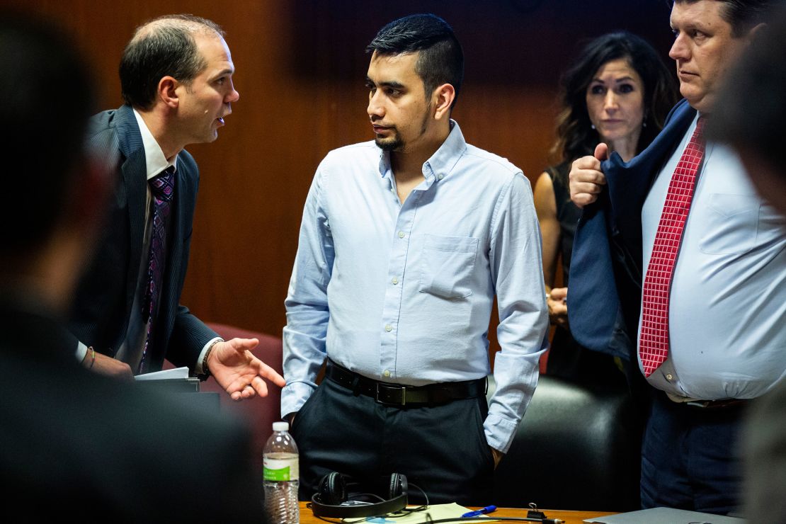Cristhian Bahena Rivera speaks to a court interpreter during his trial on May 26, 2021.