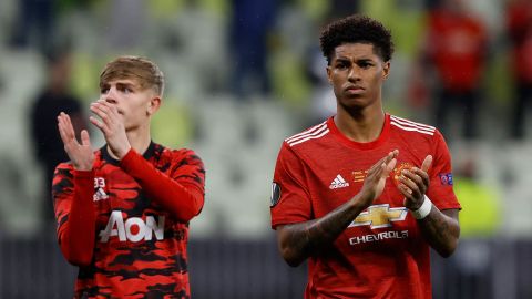 Rashford applauds after the Europa League final against Villarreal.