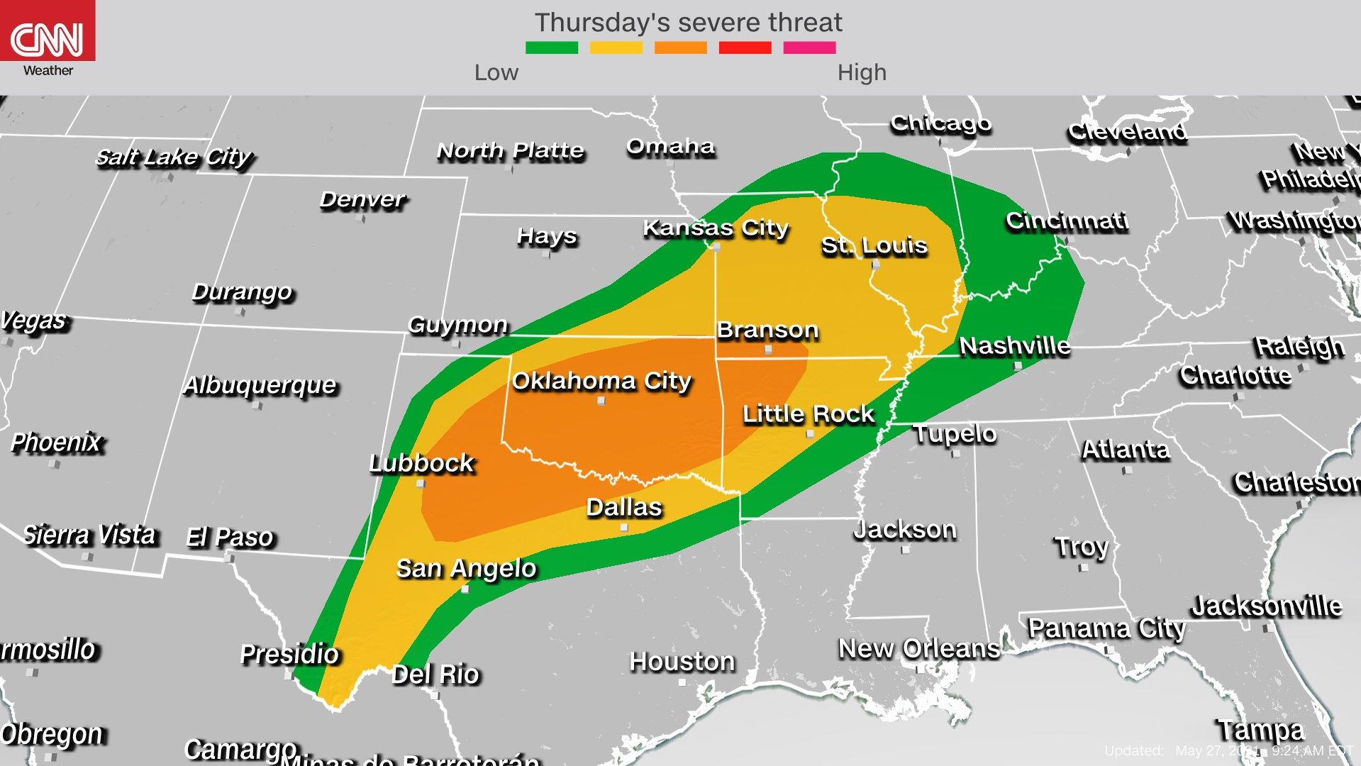 Storm Prediction Center's severe weather outlook Thursday into Thursday night