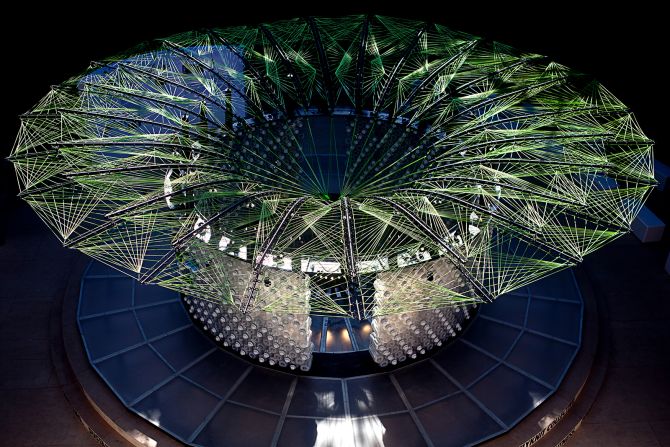 The Feather Pavilion was part of Beijing Design Week in 2012. Miniwiz used recycled bottles, shoelaces and rice fibers to create the structure.