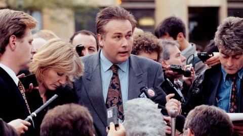 Leo Goatley, center, solicitor for Rosemary West, speaks to the media at the end of the trial in Winchester.