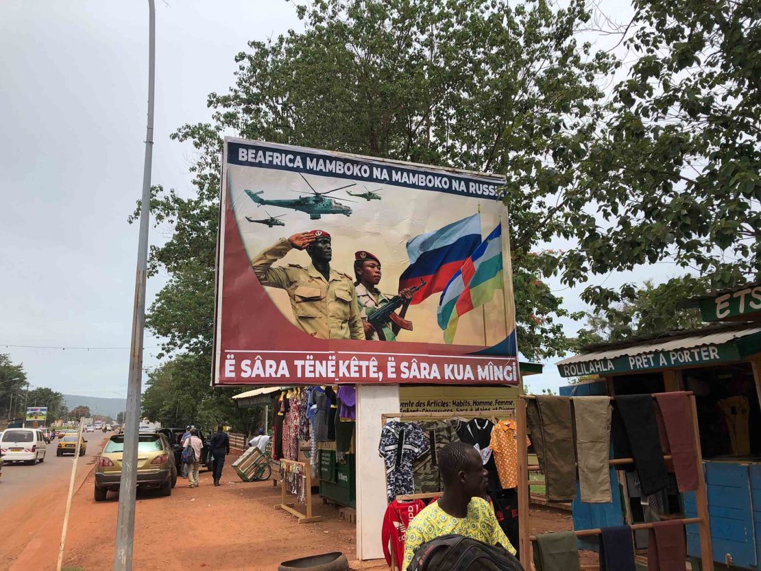 Posters across Bangui are reminiscent of old Soviet propaganda. The posters read: "Central African Republic is hand in hand with Russia" and "talk a little, work a lot."