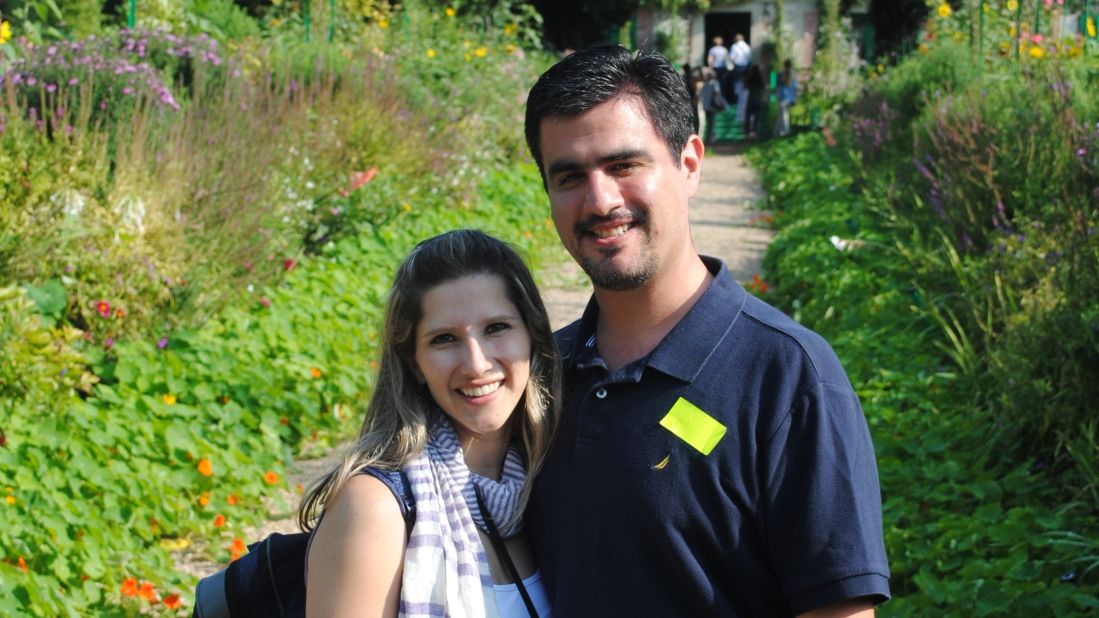 <strong>Unexpected vacation</strong>: Irma Cáceres and Rodrigo Leal were strangers who traveled from Mexico City to Europe together, back in 2011. Here they are pictured in Monet's garden in Giverny, France.