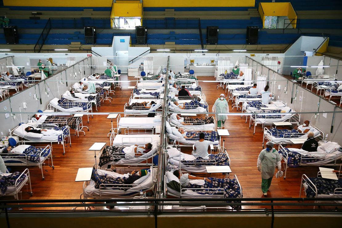 A Covid-19 field hospital set up in the Pedro Dell'Antonia Sports Complex on May 17, 2021 in Santo Andre, Brazil.