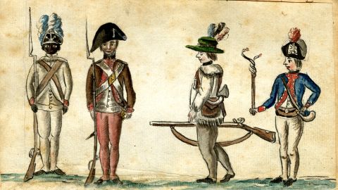 This watercolor from the American War of Independence  depicts, from left to right, a black soldier of the First Rhode Island Regiment, a New England militiaman, a frontier rifleman, and a French officer. An estimated 5,000 African-American soldiers fought in the Revolutionary War. 