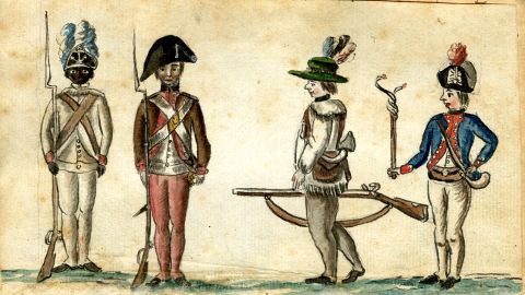 This watercolor from the American War of Independence depicts, from left to right, a black soldier of the First Rhode Island Regiment, a New England militiaman, a frontier rifleman, and a French officer. An estimated 5,000 African-American soldiers fought in the Revolutionary War.