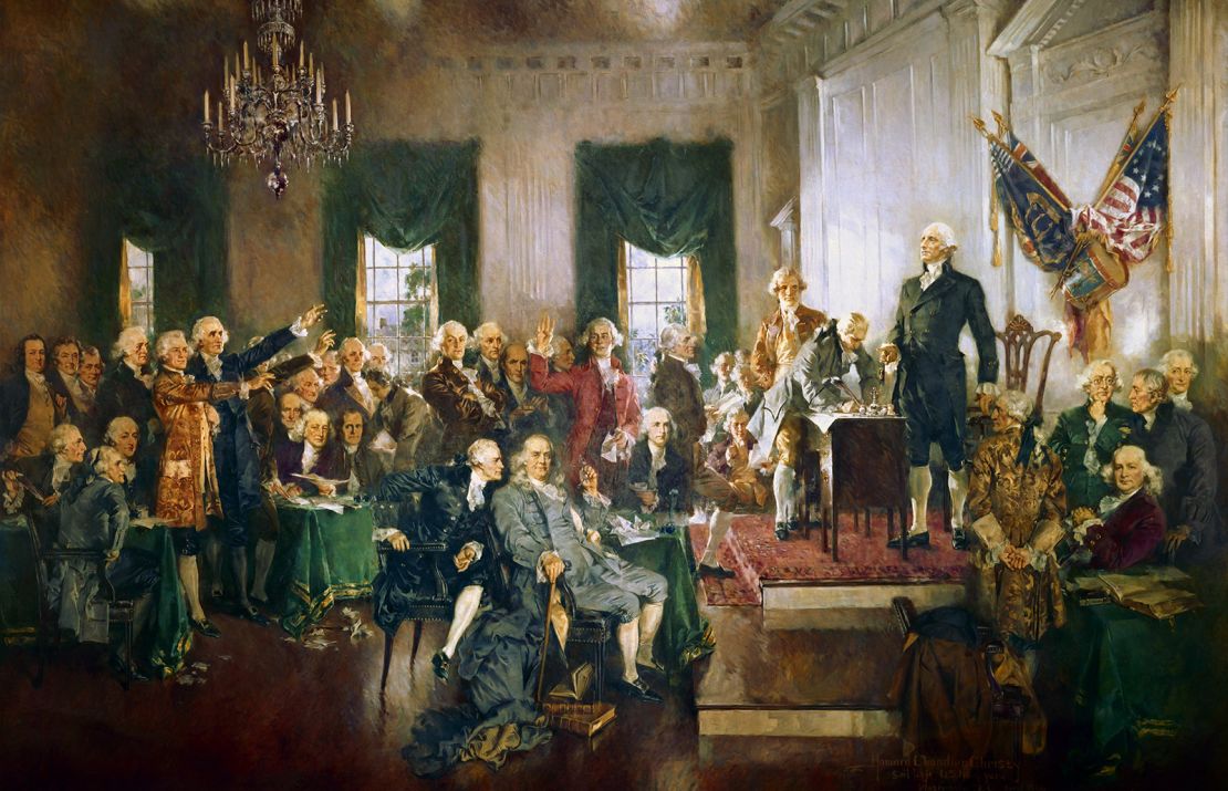 A painting documenting the signing of the United States Constitution in 1787. 