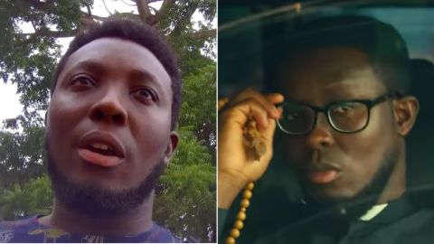 Left: Seth Wiredu, seen here in a frame from a hidden camera in March 2020, in Accra,Ghana. Right: Seth Wiredu in the film 'Tourist.'