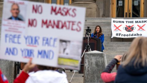 In this March 6, 2021, file photo, Idaho Lt. Gov. Janice McGeachin speaks at a mask-burning event at the Idaho Statehouse in Boise.