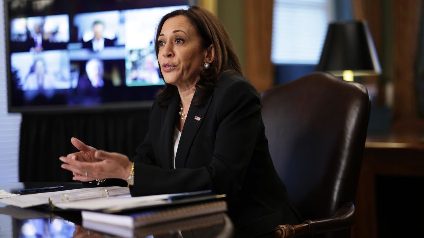 WASHINGTON, DC - MAY 27: U.S. Vice President Kamala Harris delivers opening remarks during a meeting with CEOs on the Northern Triangle in Central America, at the Vice President's Ceremony Office at Eisenhower Executive Office Building May 27, 2021 in Washington, DC. Vice President Harris held a meeting with CEOs of the 12 companies and organizations that had announced commitments to support "inclusive economic development in the Northern Triangle" to discuss "strategy to address the root causes of migration by promoting economic opportunity." (Photo by Alex Wong/Getty Images)