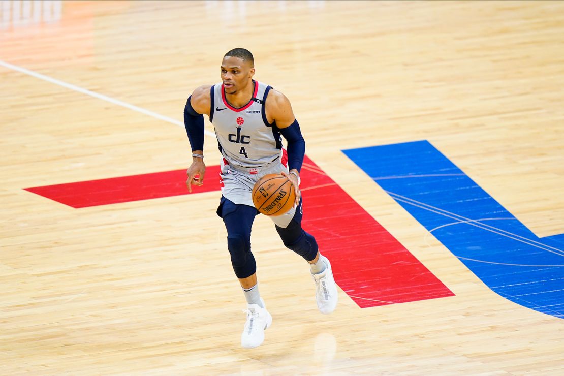 Washington Wizards guard Russell Westbrook plays during Game 2 in a first-round NBA playoff series.