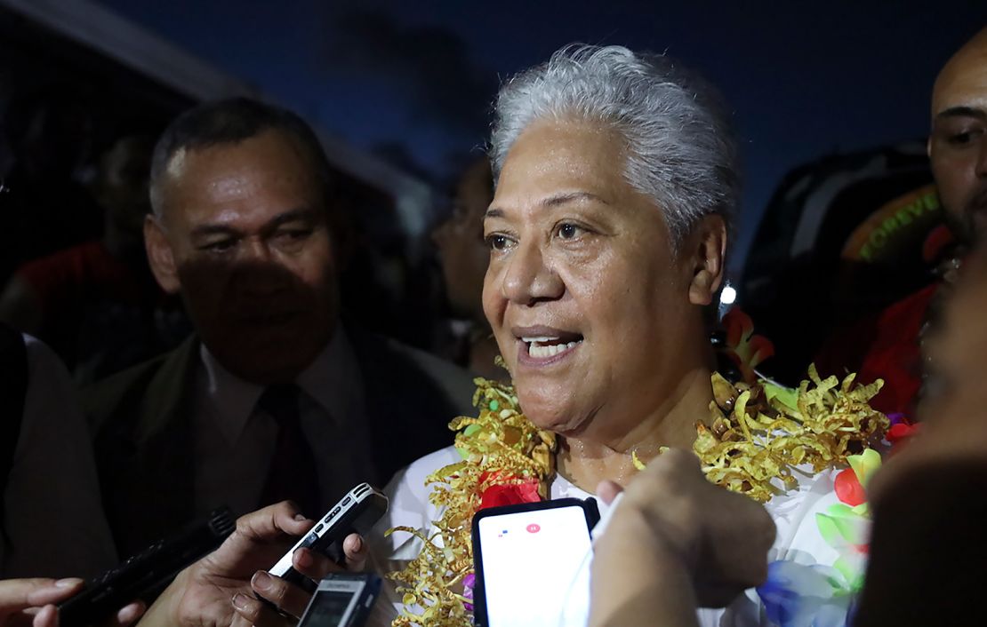 Samoa's Prime Minister-elect Fiame Naomi Mata'afa talks to reporters outside parliament house in Apia, Samoa, on May 24, 2021. 