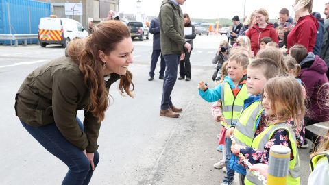 Catherine, Duchess of Cambridge speaks to school children while visiting the European Marine Energy Centre in Stromness on day five of their week-long Scottish trip. 