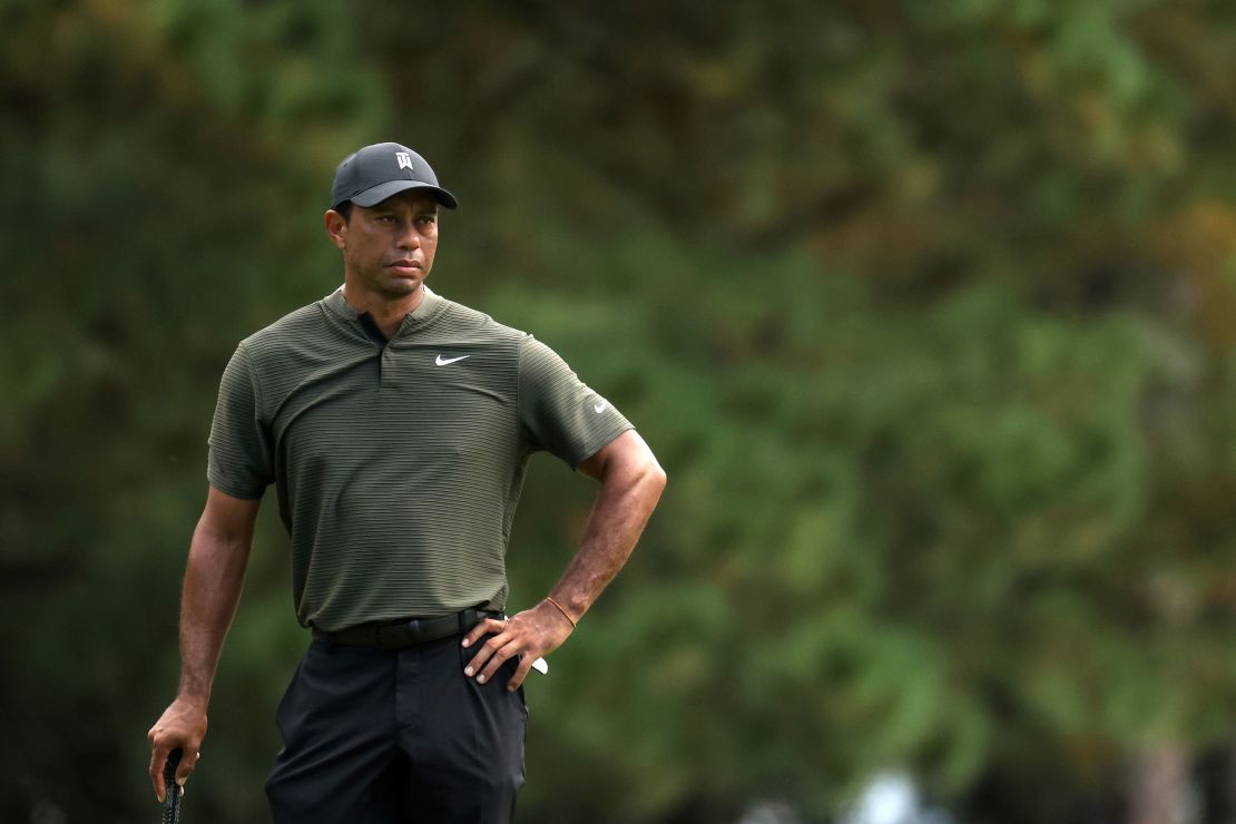 Woods looks on during the first round of the Masters on November 12, 2020.