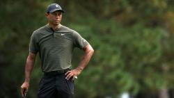AUGUSTA, GEORGIA - NOVEMBER 12: Tiger Woods of the United States looks on during the first round of the Masters at Augusta National Golf Club on November 12, 2020 in Augusta, Georgia. (Photo by Rob Carr/Getty Images)