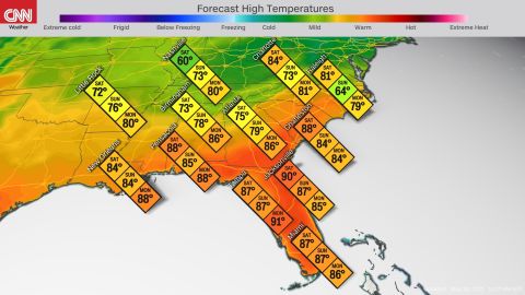 Forecast high temperatures in the Southeast this weekend